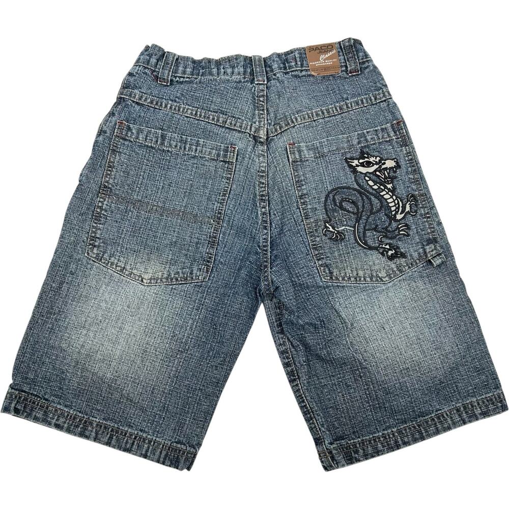 VTG y2k Youth Paco Jeans Chinese Dragon JNCO Style Blue Denim Jean Shorts Sz 14